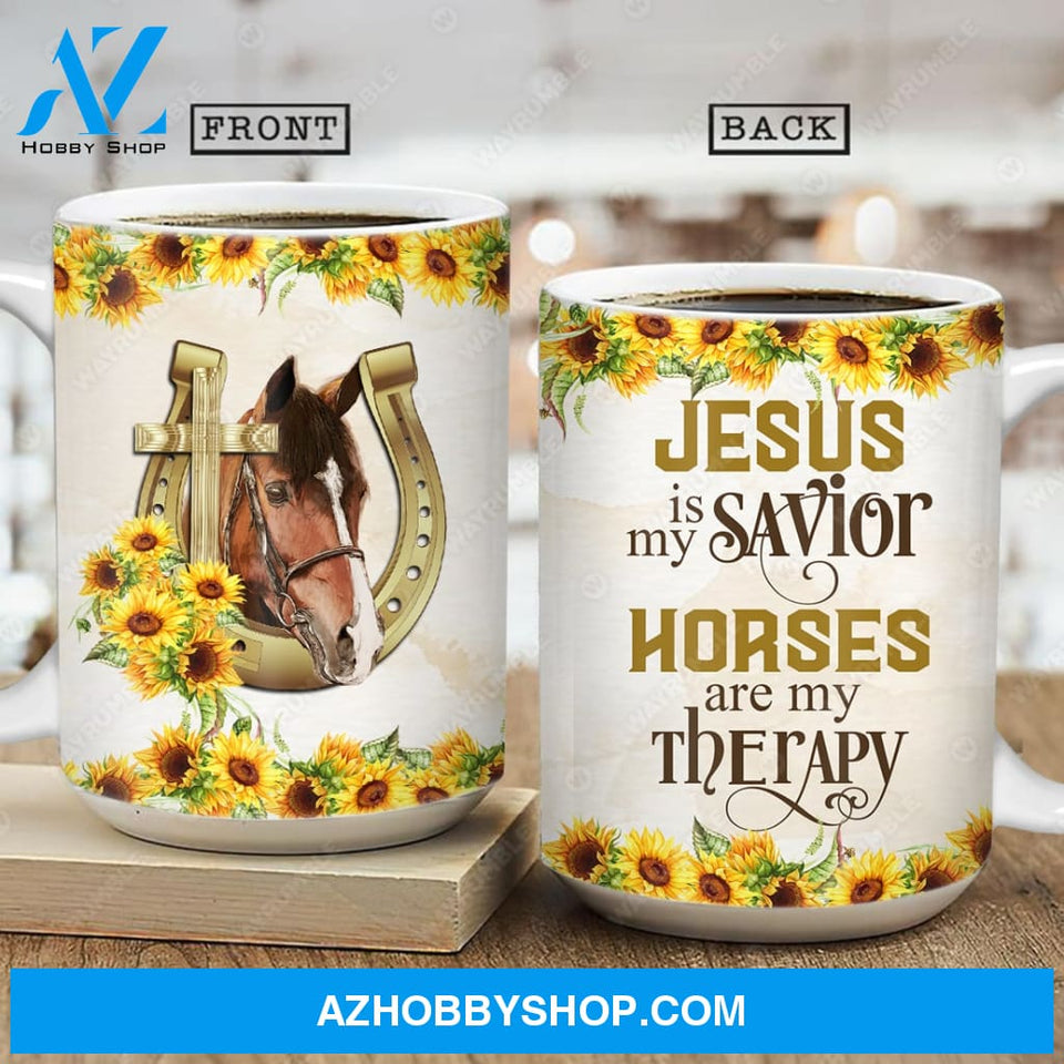 Horse painting, Sunflower, Jesus is my savior, Horses are my therapy - Jesus AOP Mug