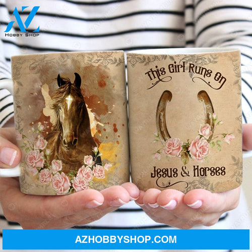 Horse painting, Vintage, This girls runs on Jesus & Horses - Jesus AOP Mug