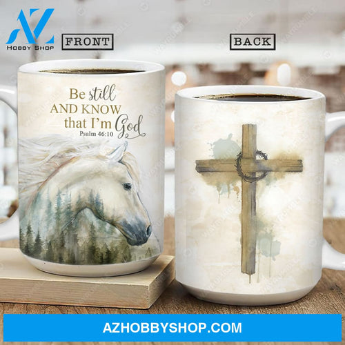 Horse painting, White horse, Wooden cross, Be still and know that I am God - Jesus AOP Mug