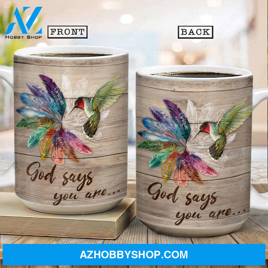 Hummingbird, Colorful feathers, God says You are unique - Jesus AOP Mug