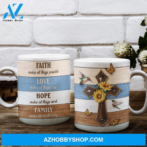 Hummingbird, Cross, Sunflower - Faith makes all things possible Jesus AOP Mug