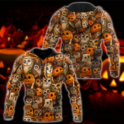 Halloween Pumpkin and Owl All Over Print Unisex Hoodie