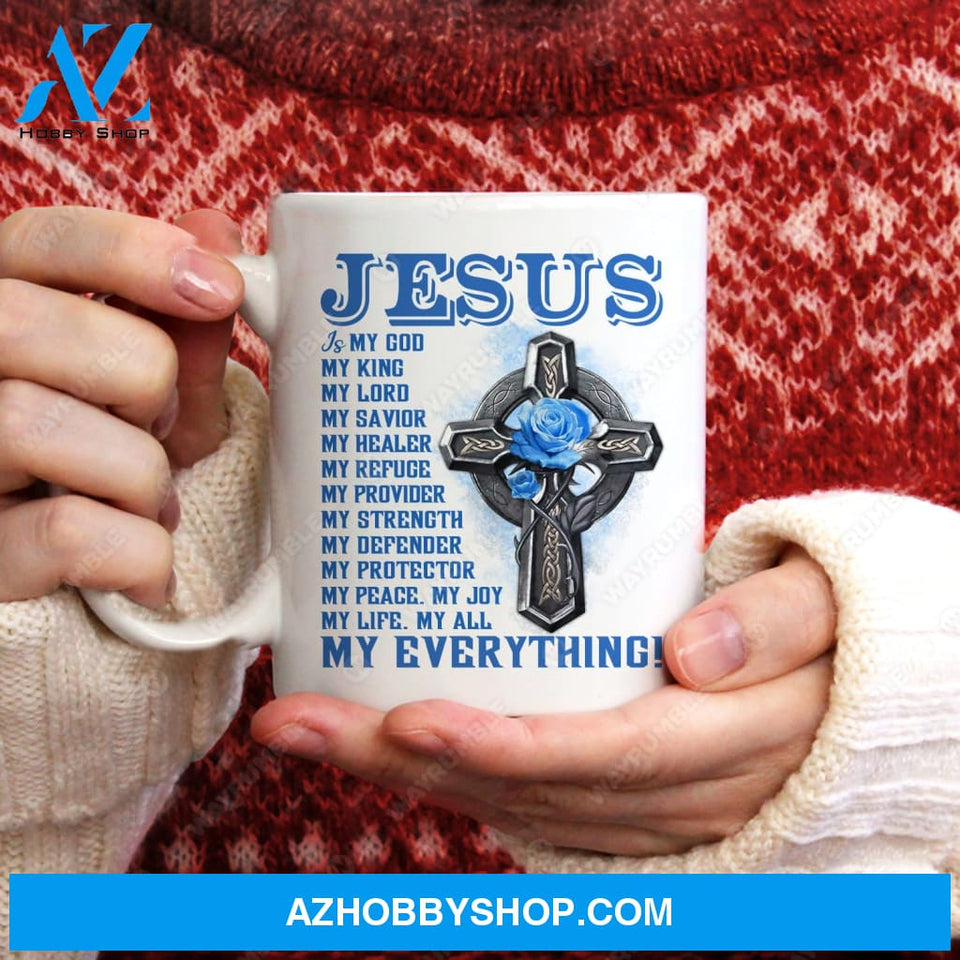 Iron cross symbol, Dark blue rose, Jesus is my everything - Jesus White Mug