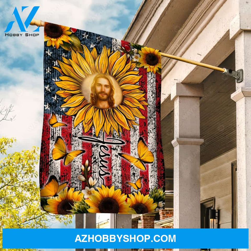 Jesus face, Sunflower garden, US flag background, Jesus - Jesus Flag