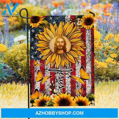 Jesus face, Sunflower garden, US flag background, Jesus - Jesus Flag