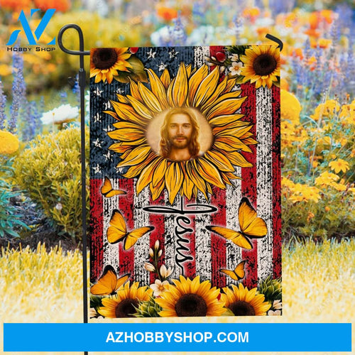 Jesus face, Sunflower garden, US flag background, Jesus - Jesus Flag