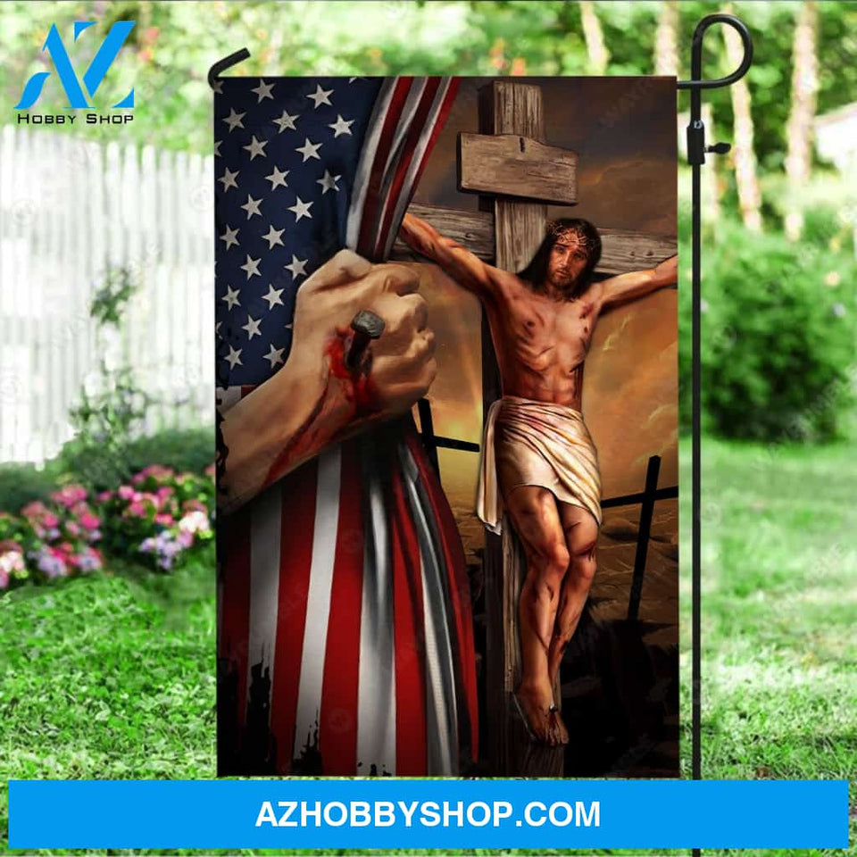 Jesus on the cross drawing, Jesus hand, US flag, Sunset painting - Jesus Flag