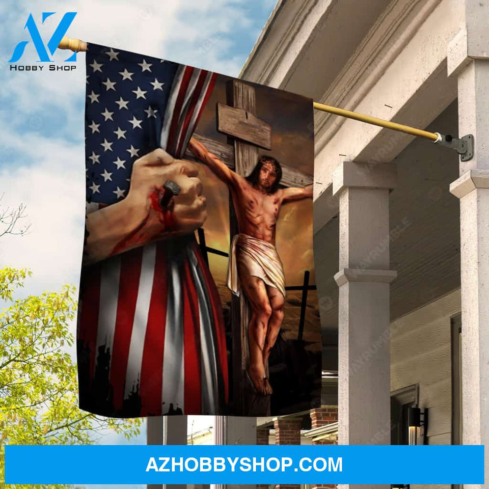 Jesus on the cross drawing, Jesus hand, US flag, Sunset painting - Jesus Flag