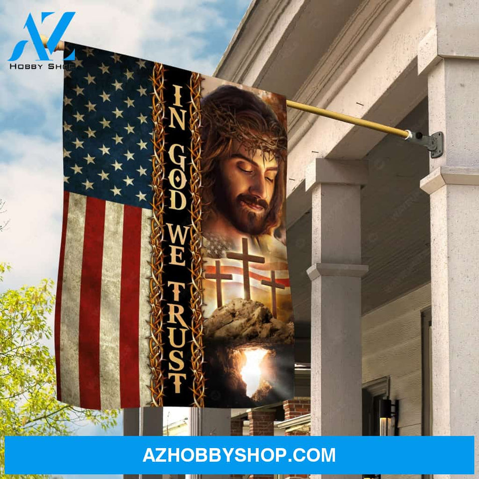 Jesus painting, Amazing American flag, Three wooden crosses, In God we trust - Jesus Flag