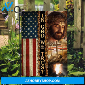 Jesus painting, Amazing American flag, Three wooden crosses, In God we trust - Jesus Flag