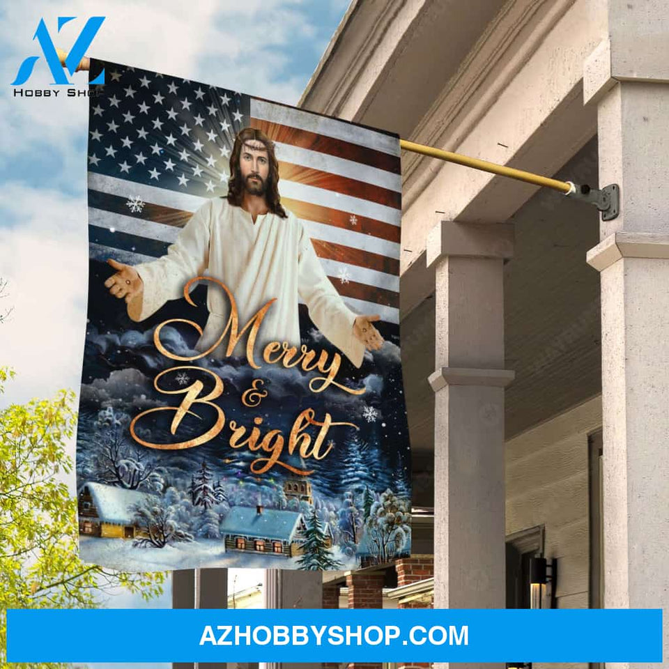 Jesus painting, American flag, Snowy village, Merry and bright - Jesus Flag