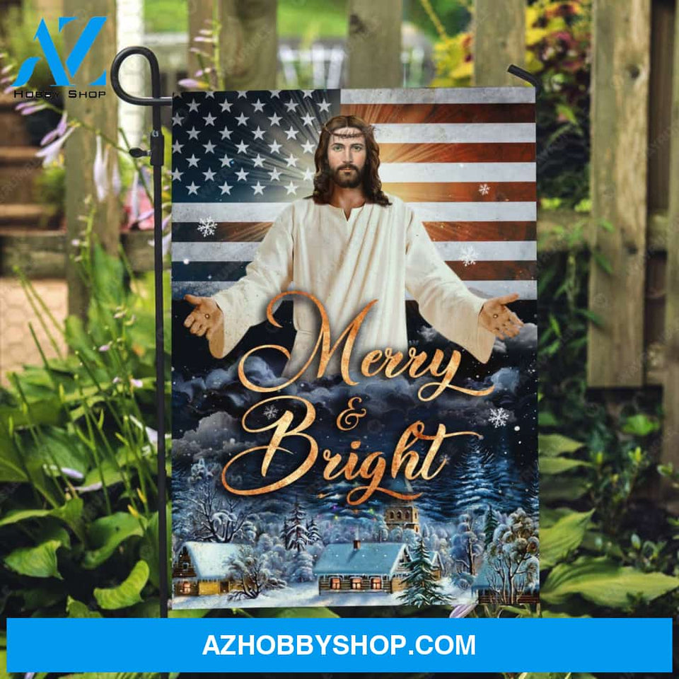 Jesus painting, American flag, Snowy village, Merry and bright - Jesus Flag