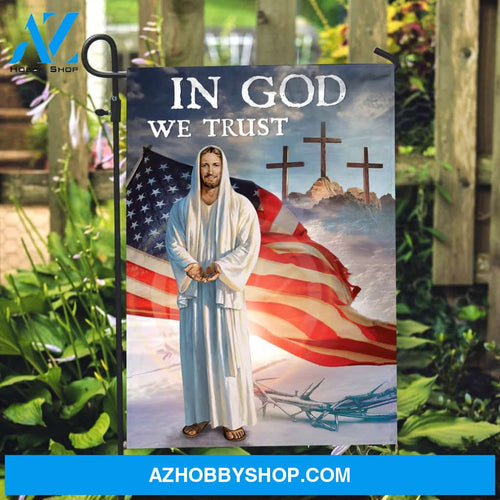 Jesus painting, American flag, Three crosses on hill, In God we trust - Jesus Flag