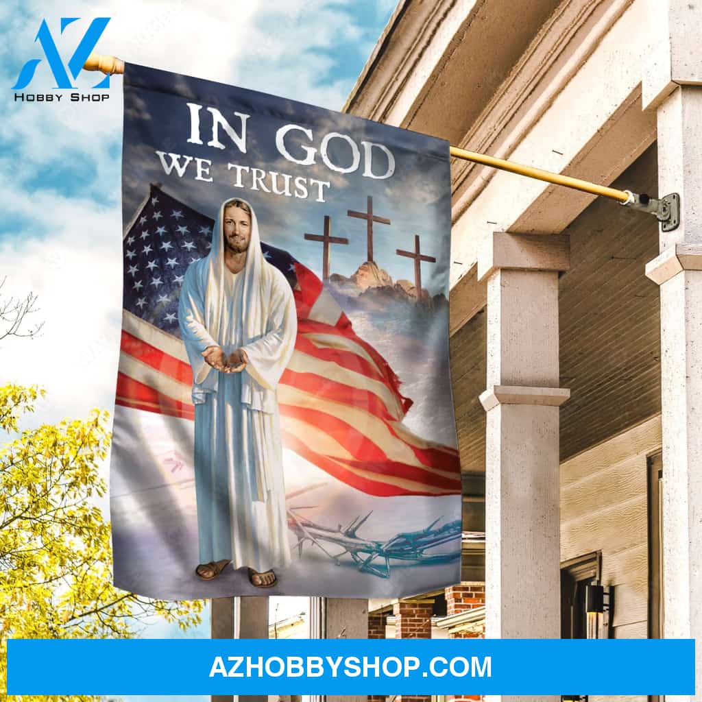 Jesus painting, American flag, Three crosses on hill, In God we trust - Jesus Flag