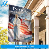 Jesus painting, American flag, Three crosses on hill, In God we trust - Jesus Flag