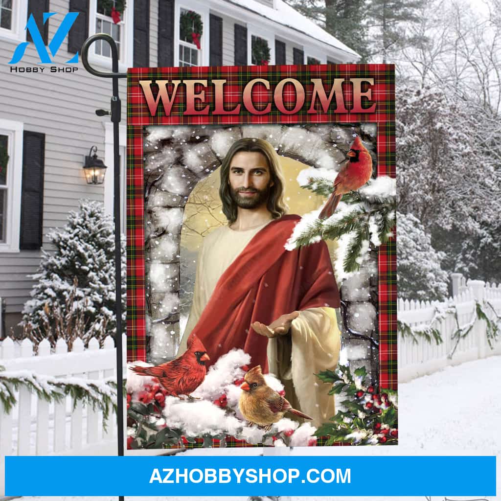 Jesus painting, Cardinal couple, Heavy snow, Cranberry tree, Welcome - Jesus Flag
