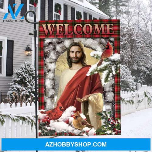 Jesus painting, Cardinal couple, Heavy snow, Cranberry tree, Welcome - Jesus Flag