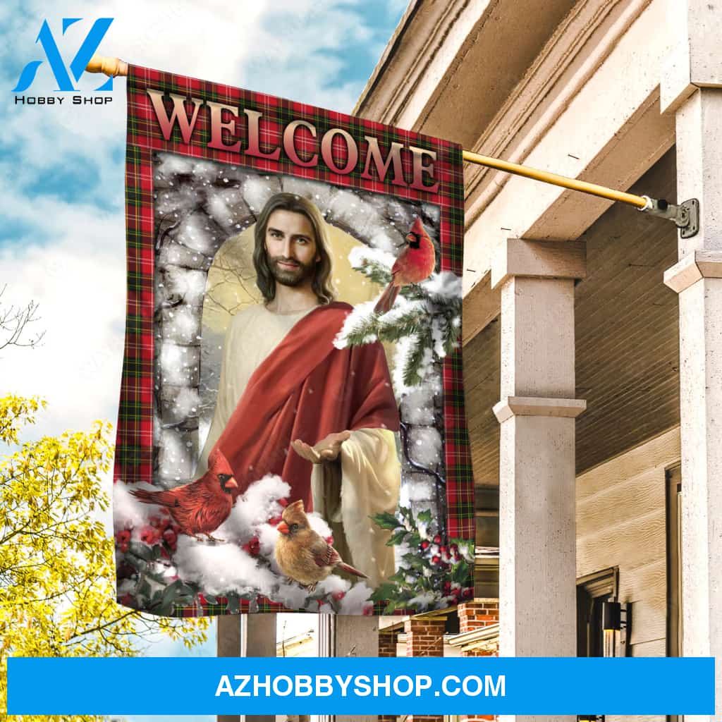 Jesus painting, Cardinal couple, Heavy snow, Cranberry tree, Welcome - Jesus Flag