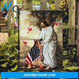 Jesus painting, German shepherd, USA flag, Red cardinals - Jesus Flag