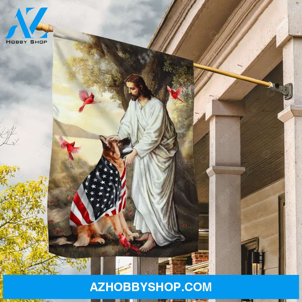 Jesus painting, German shepherd, USA flag, Red cardinals - Jesus Flag