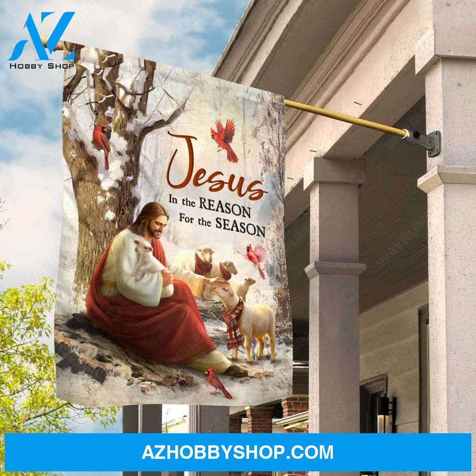 Jesus painting, Lamb of God, Red cardinal, Winter season, Jesus is the reason for the season - Jesus Flag