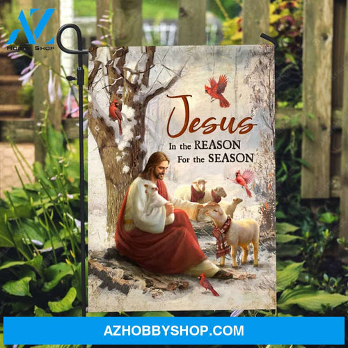 Jesus painting, Lamb of God, Red cardinal, Winter season, Jesus is the reason for the season - Jesus Flag