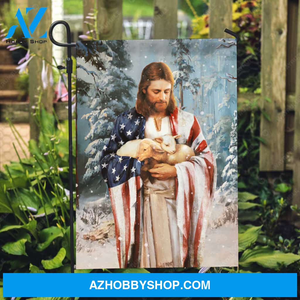 Jesus painting, Lamb of God, Winter season, American flag - Jesus Flag