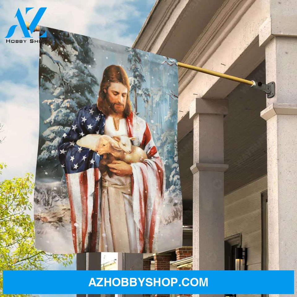 Jesus painting, Lamb of God, Winter season, American flag - Jesus Flag