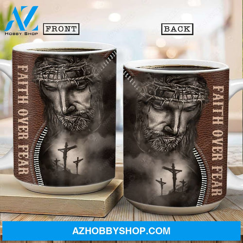 Jesus painting, Leather pattern, Faith over fear - Jesus AOP Mug