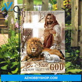 Jesus painting, Lion of Judah, Lamb of God, White cross, Be still & know that I am God - Jesus Flag