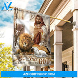 Jesus painting, Lion of Judah, Lamb of God, White cross, Be still & know that I am God - Jesus Flag