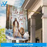 Jesus painting, Lion of Judah, Snowy forest, Be still & know that I am God - Jesus Flag