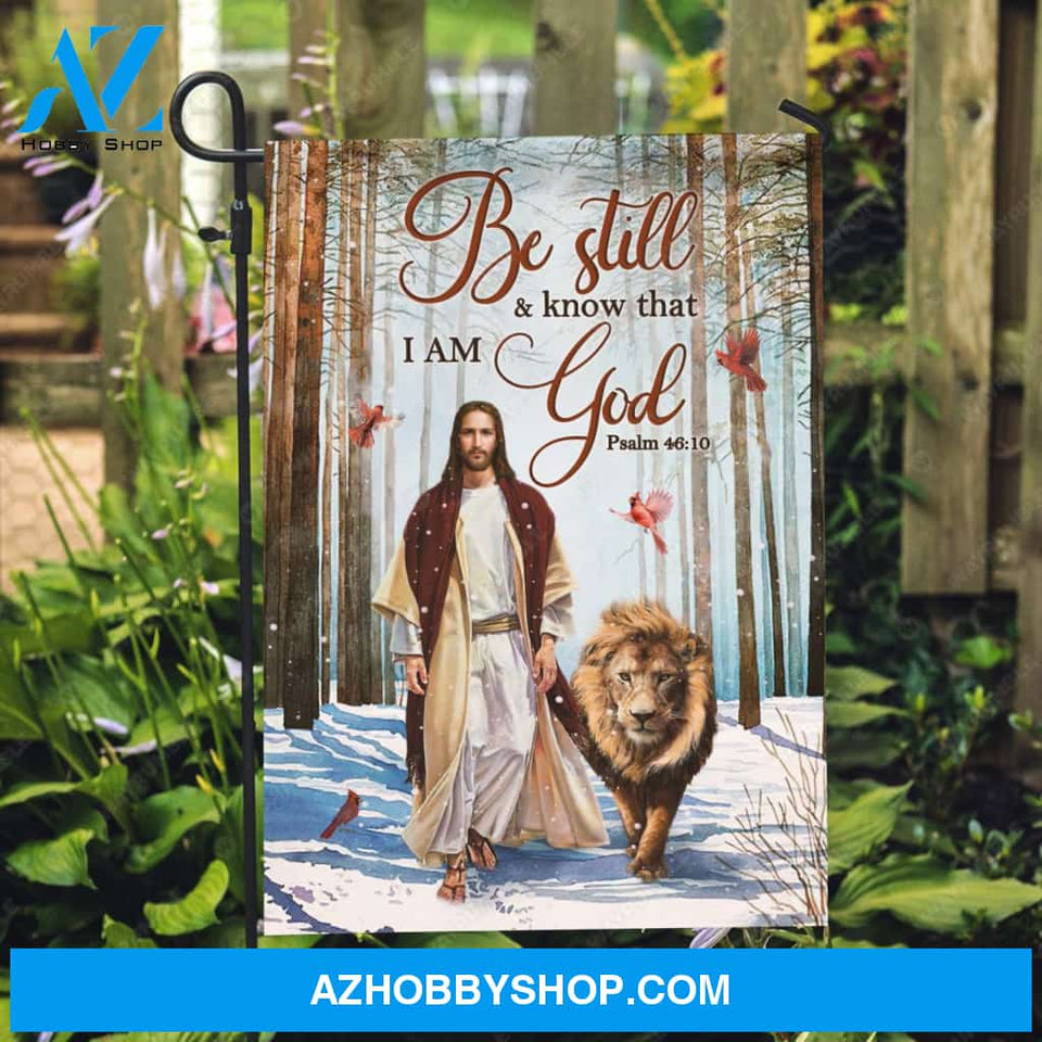 Jesus painting, Lion of Judah, Snowy forest, Be still & know that I am God - Jesus Flag