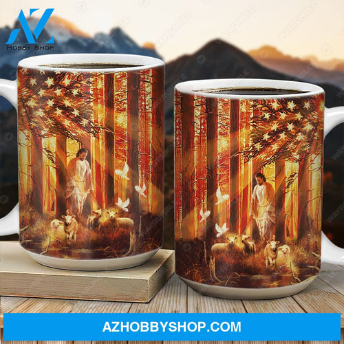 Jesus painting, Walking with the lambs - Jesus, US Flag AOP Mug