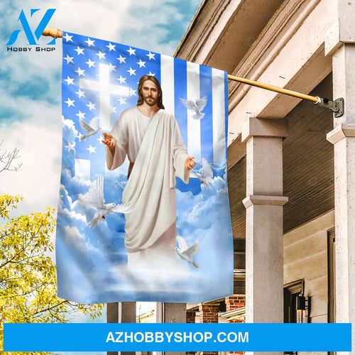 Jesus painting, White dove, Blue sky, US flag, Walking with Jesus - Jesus Flag