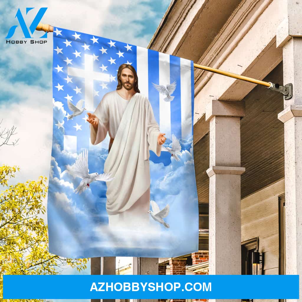 Jesus painting, White dove, Blue sky, US flag, Walking with Jesus - Jesus Flag