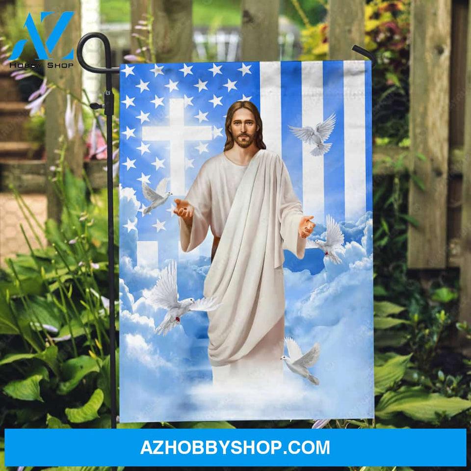 Jesus painting, White dove, Blue sky, US flag, Walking with Jesus - Jesus Flag