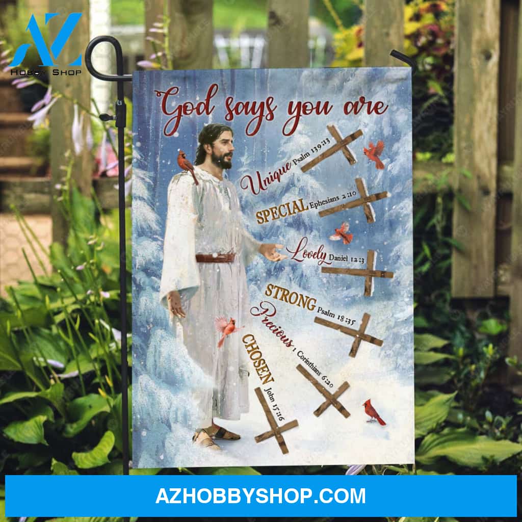 Jesus painting, Wooden cross, Red cardinal, Snowy forest, God says you are - Jesus Flag