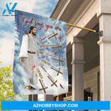 Jesus painting, Wooden cross, Red cardinal, Snowy forest, God says you are - Jesus Flag