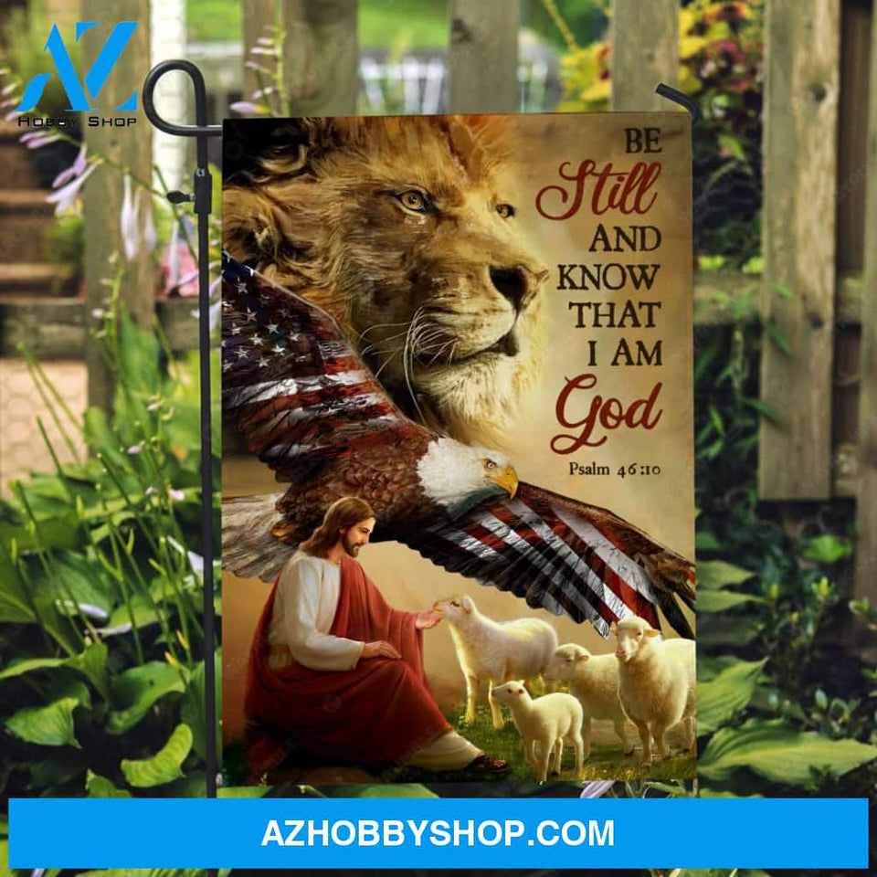 Jesus shepherd, Lion king, Lambs of God, US eagle, Be still I am God - Jesus Flag