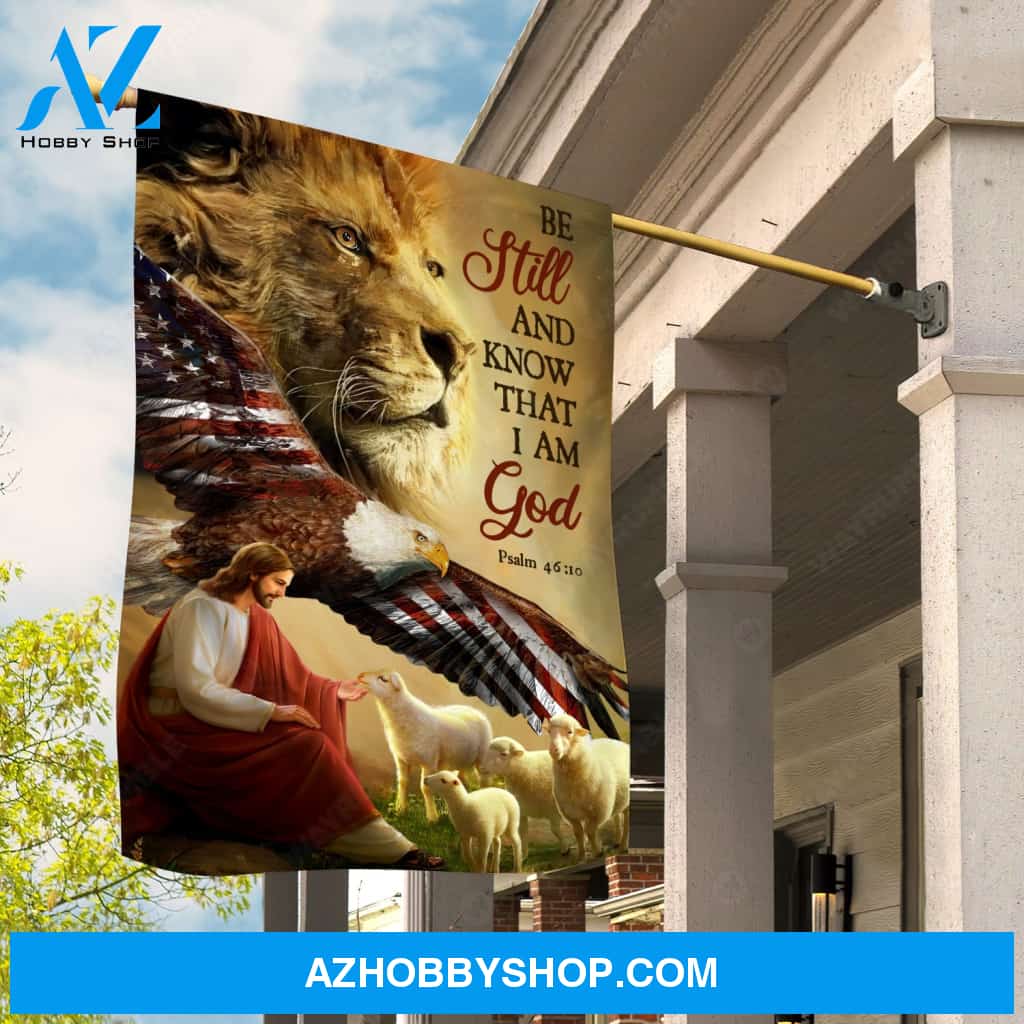Jesus shepherd, Lion king, Lambs of God, US eagle, Be still I am God - Jesus Flag