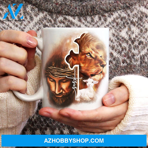 Jesus symbol, Lion king, Lamb drawing, Orange background, Jesus - Jesus White Mug