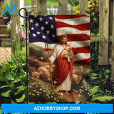 Jesus the good shepherd, Lambs of God, USA flag, Daisy field - Jesus Flag