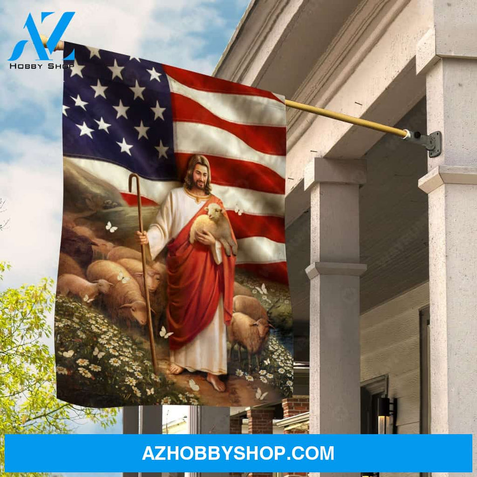 Jesus the good shepherd, Lambs of God, USA flag, Daisy field - Jesus Flag