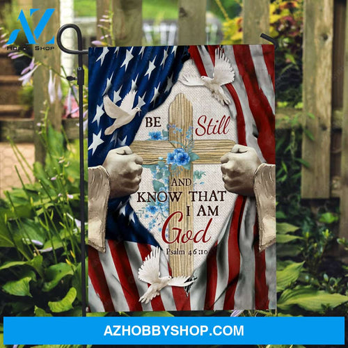 Jesus's hand, Blue flower vase, Cross symbol, Be still and know that I am God - Jesus Flag