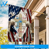 Jesus's hand, Blue flower vase, Cross symbol, Be still and know that I am God - Jesus Flag