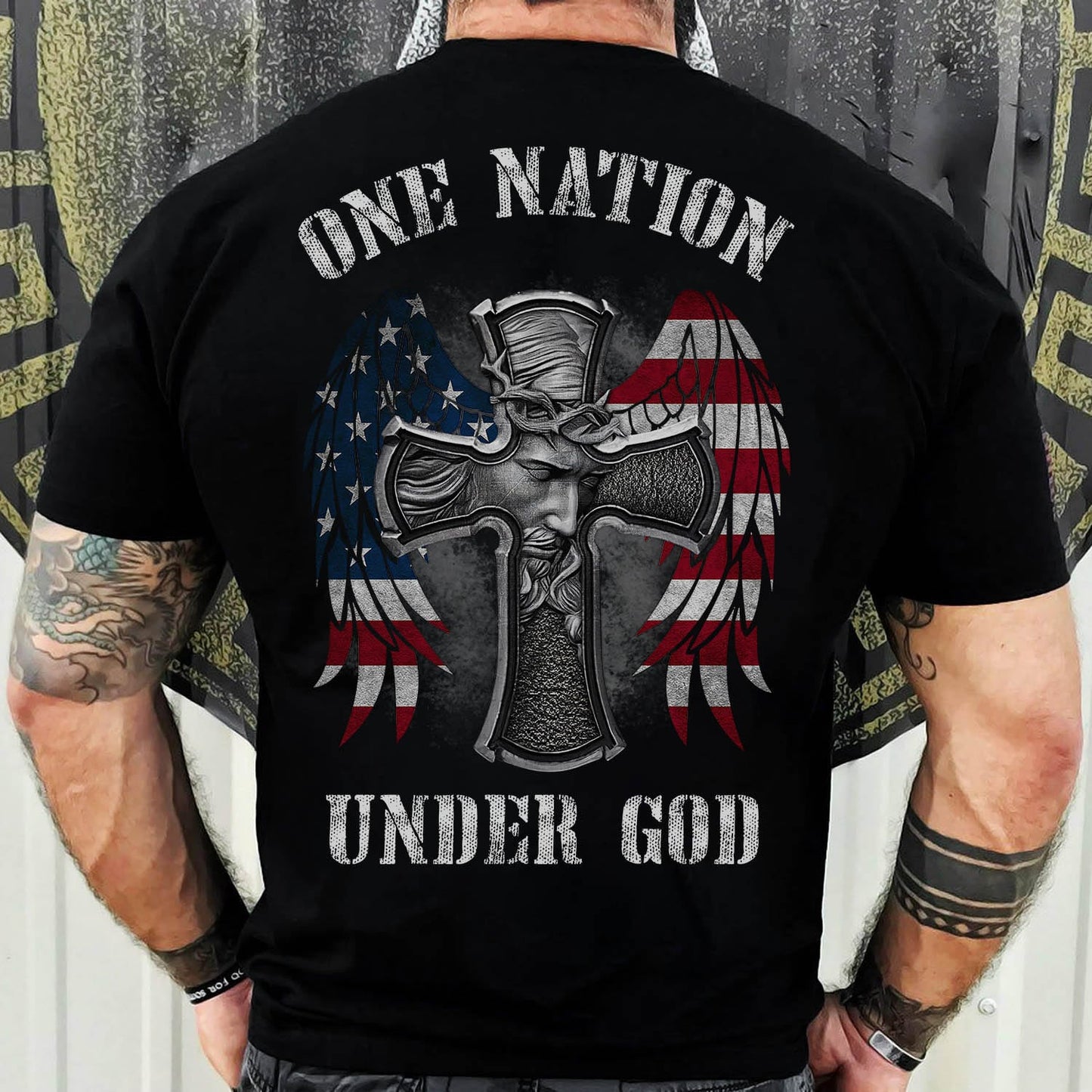 Jesus - Cross with U.S flag wing - One nation under God - Back-printed Apparel