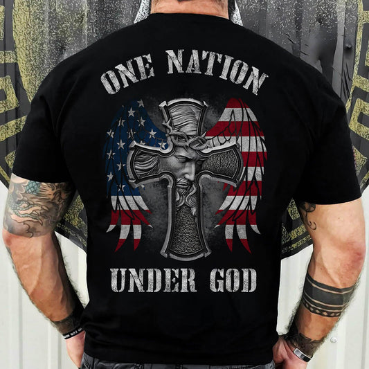 Jesus - Cross with U.S flag wing - One nation under God - Back-printed Apparel