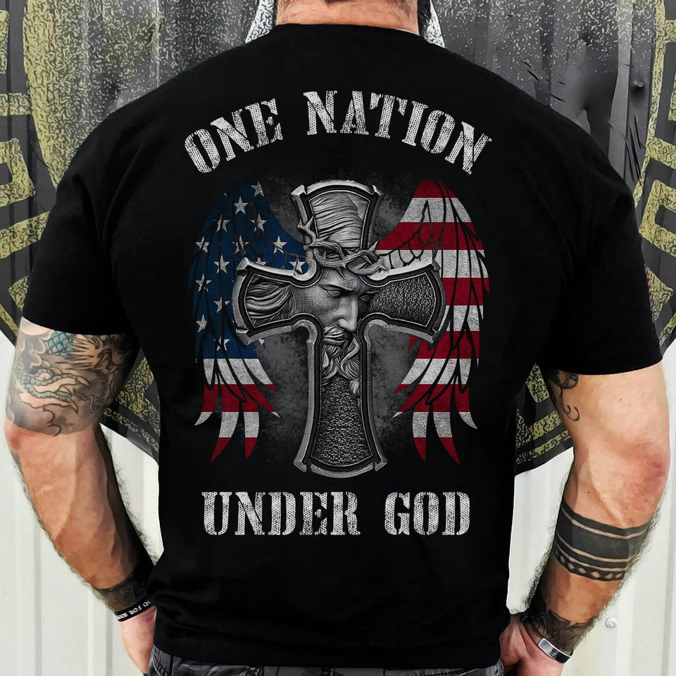 Jesus - Cross with U.S flag wing - One nation under God - Back-printed Apparel