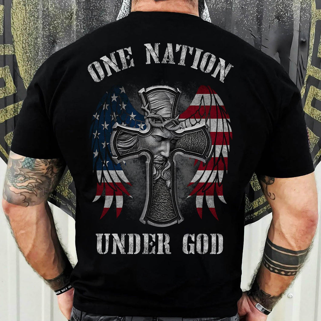 Jesus - Cross with U.S flag wing - One nation under God - Back-printed Apparel